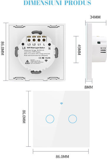 Comutator De Perete Electric Încastrat Rezistent La Apă Tactil Wi-Fi Cu Comenzi Alb
