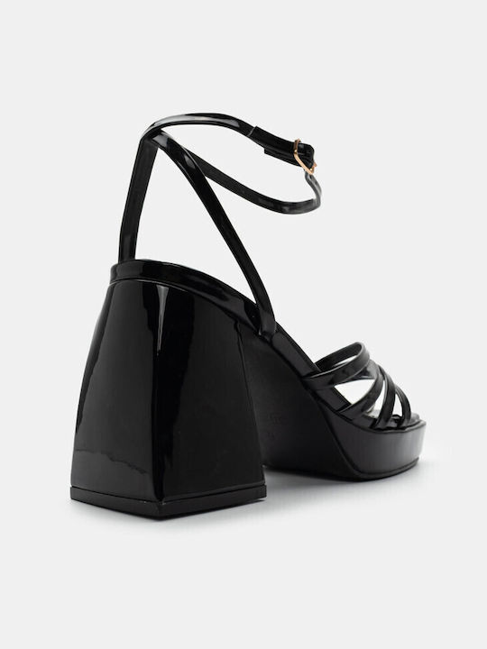 Luigi Platform Patent Leather Women's Sandals with Ankle Strap Black with High Heel