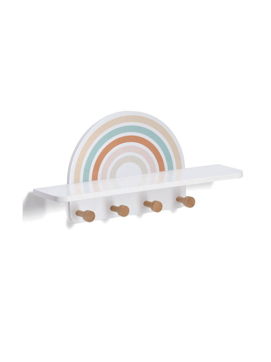 Kids Multi Hook Wooden White Wall Hanger with Shelf 13x48x24cm
