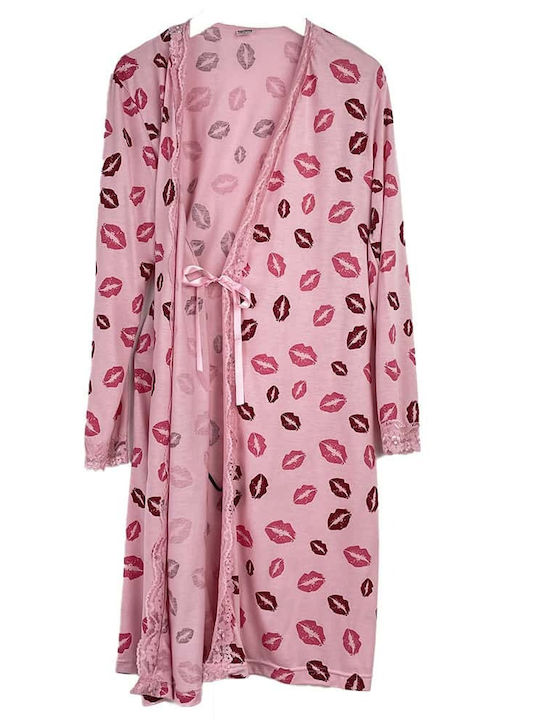 Women's Pyjama Set Nightgown Robe Design Lips Slim Fit Pink
