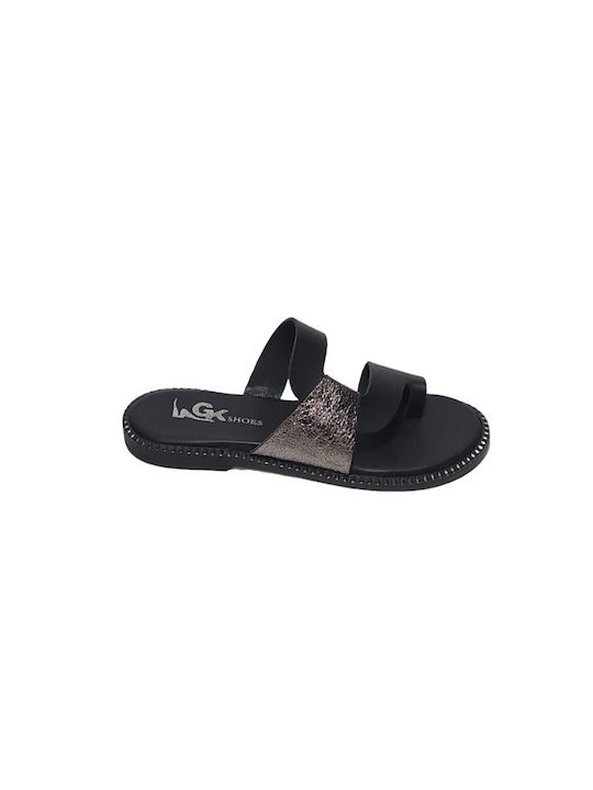 Gk Shoes Leather Women's Flat Sandals in Black Color