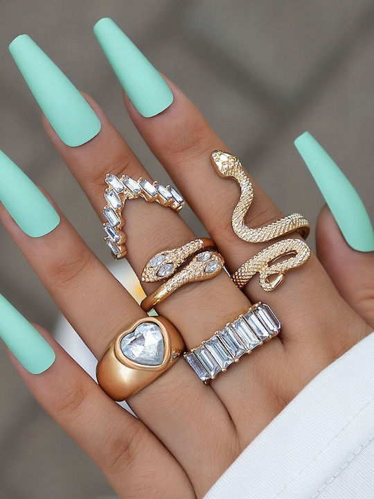 Set Golden Retro Punk Vintage Rings 5 Pieces Snake Heart White