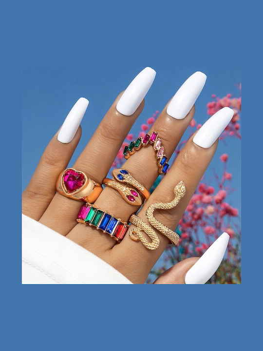 Set Golden Retro Punk Vintage Rings 5 Pieces Snake Heart Multicolor