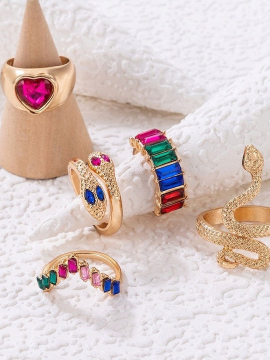 Set Golden Retro Punk Vintage Rings 5 Pieces Snake Heart Multicolor