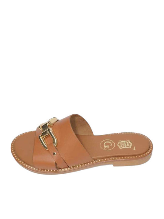 Leather Women's Flat Sandals in Tabac Brown Color
