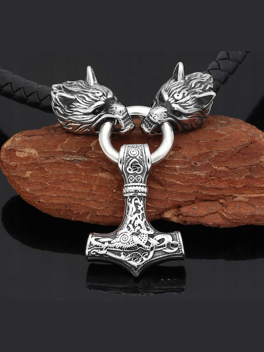 Necklace Silver Men's Thor's Hammer Wolves Thick 356