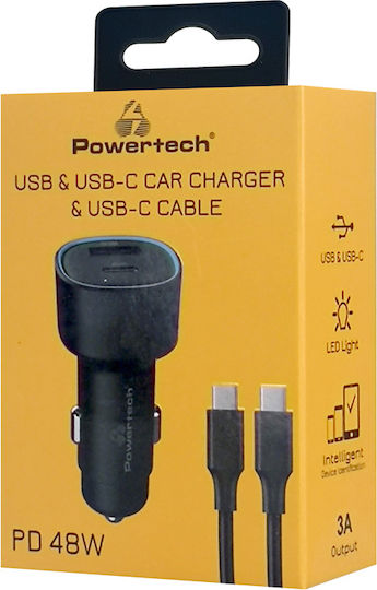 Powertech Car Charger Black Total Intensity 2.4A Fast Charging with Ports: 1xUSB 1xType-C with Cable Type-C