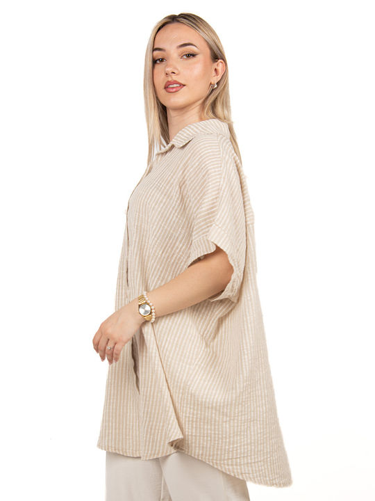 Ellen Women's Striped Long Sleeve Shirt Beige