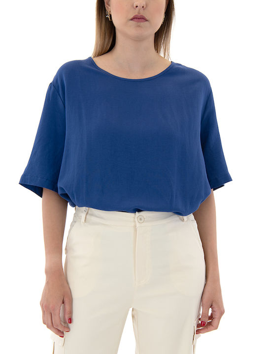 MY T Damen Sommer Bluse Leinen Kurzärmelig Blau