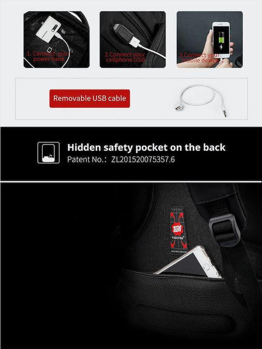 Tigernu Αδιάβροχη Τσάντα Πλάτης για Laptop 15.6" με Θύρα USB σε Μαύρο χρώμα T-B3143U-BLACK