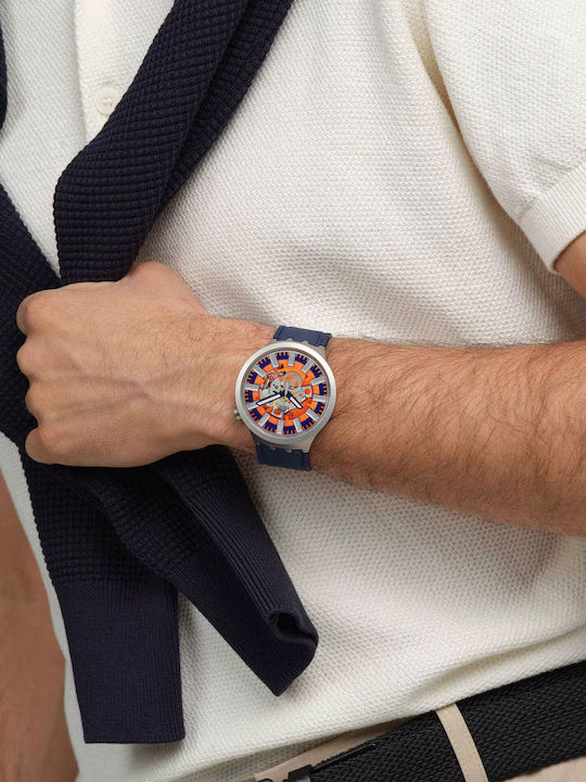 Swatch Orange In The Works Men's Watch 47mm Battery with Blue Rubber Strap