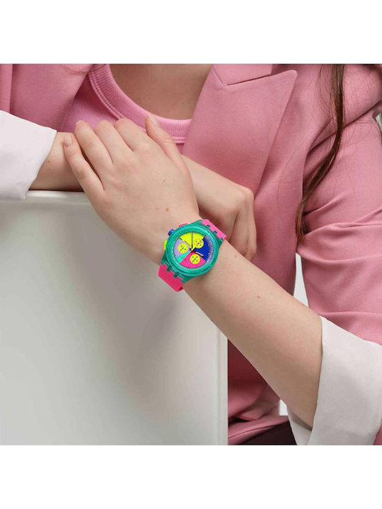 Swatch Neon Flash Arrow Herrenuhr 42mm Chronograph Batterie mit Rosa Kautschukarmband