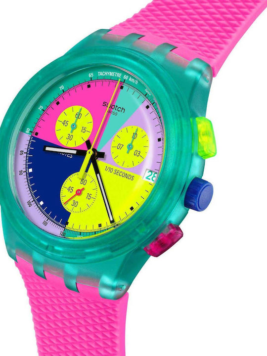 Swatch Neon Flash Arrow Herrenuhr 42mm Chronograph Batterie mit Rosa Kautschukarmband