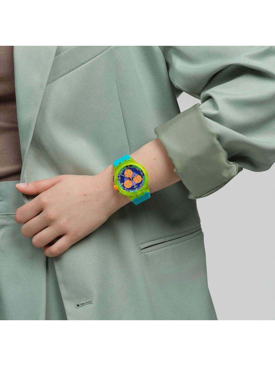 Swatch Neon Wave Ceas Bărbătesc 42 mm Cronograf cu Baterie și Curea din Silicon Turcoaz