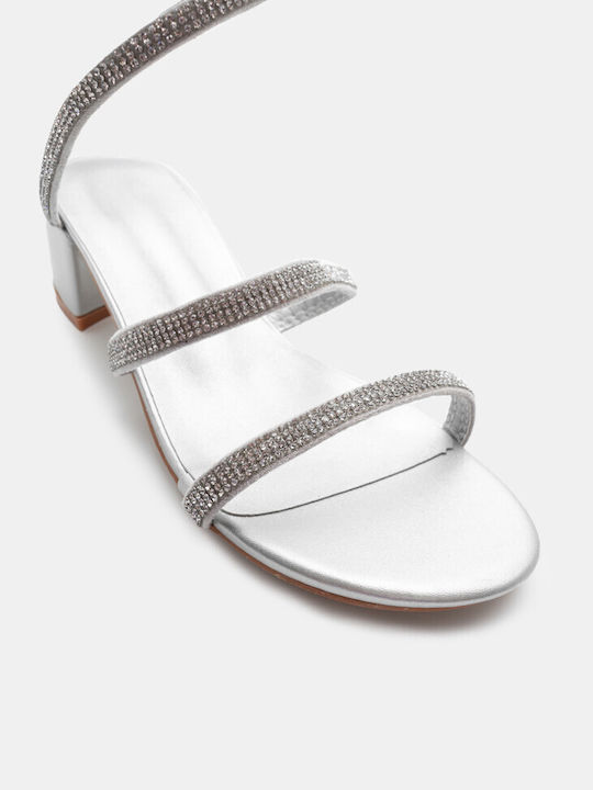 Luigi Synthetic Leather Women's Sandals with Strass Silver with Medium Heel