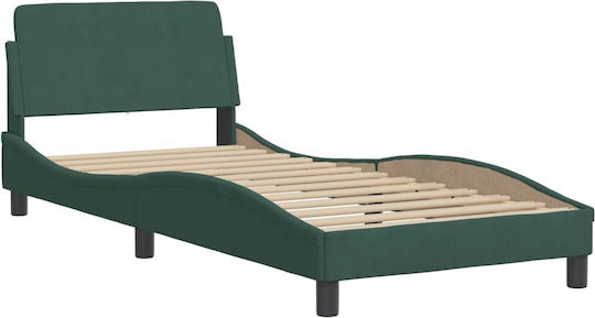 Single Upholstered Bed with Fabric Dark Green with Slats and Mattress 80x200cm