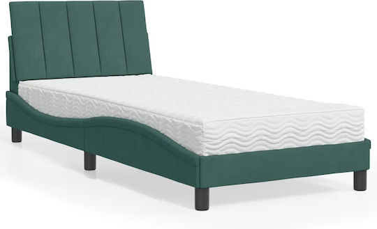 Single Upholstered Bed with Fabric Dark Green with Slats and Mattress 80x200cm