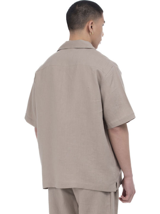 Short-sleeved Linen Shirt in Wide Line Brown