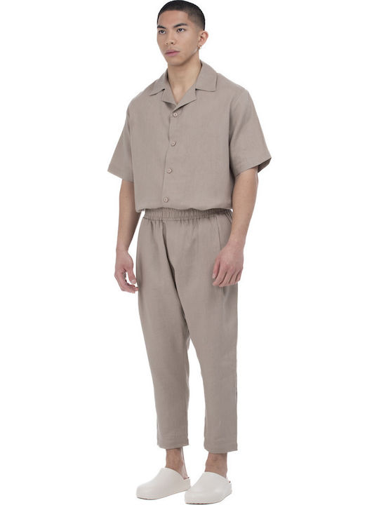 Short-sleeved Linen Shirt in Wide Line Brown