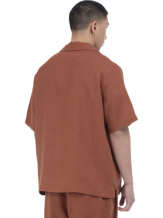Short-sleeved Linen Shirt in Wide Line Red