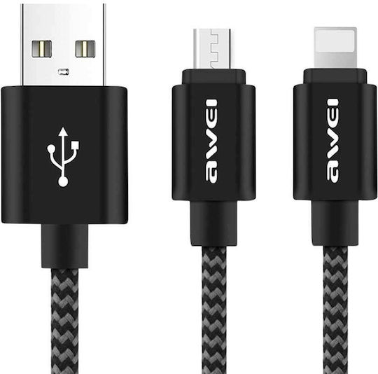 Car Charger Fast Charging with 2xUSB-A Ports and Micro-USB / Lightning Cable Black Color