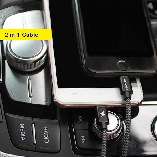 Car Charger Fast Charging with 2xUSB-A Ports and Micro-USB / Lightning Cable Black Color