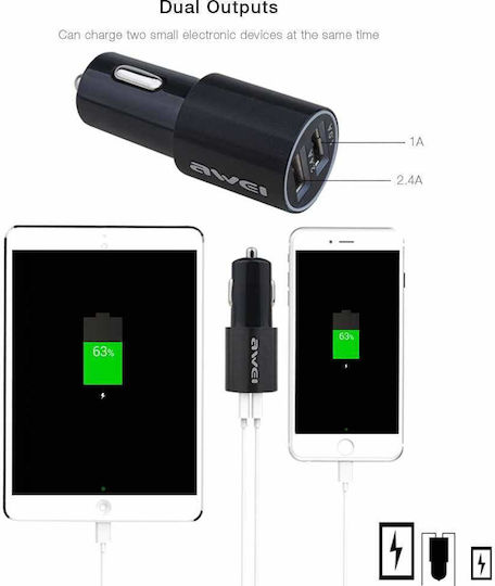 Car Charger Fast Charging with 2xUSB-A Ports and Micro-USB / Lightning Cable Black Color
