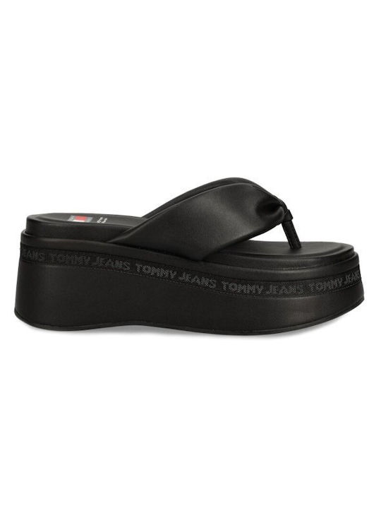 Tommy Hilfiger Wedge Women's Leather Ankle Strap Platforms Black