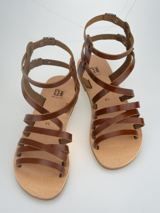 XX Leather Women's Flat Sandals in Tabac Brown Color