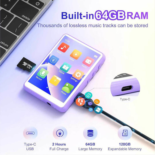 MECHEN M3 MP3 Player (64GB) with LCD / TFT Touch Screen 2.4" Purple