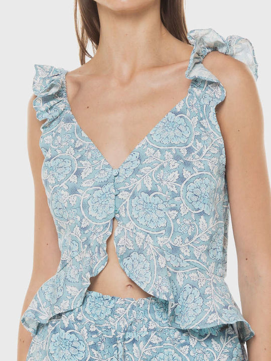 Emilia Damen Sommer Crop Top Leinen Ärmellos mit V-Ausschnitt Blumen Blau