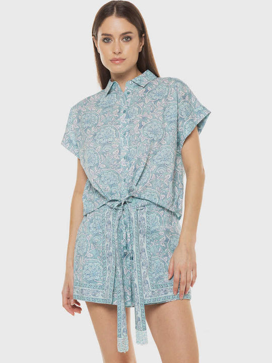 Κοντομάνικο Γυναικείο Τζιν Πουκάμισο Wave Blue Floral