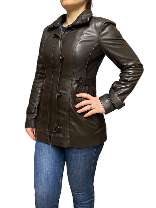 MARKOS LEATHER Women's Short Lifestyle Leather Jacket for Winter Brown