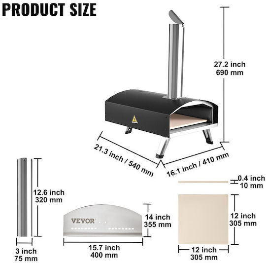 Vevor Pizza Oven Wood 54x41x69cm Black