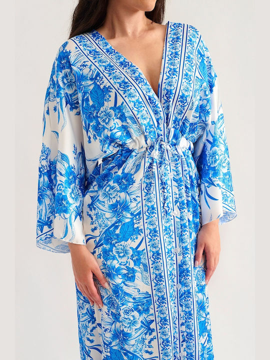 Caroline White Blue Maxi Satinized Caftan Dress