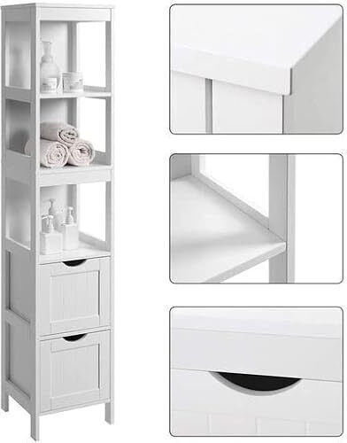 Songmics Floor Bathroom Shelf Wooden with 3 Shelves 30x30x141.5cm White