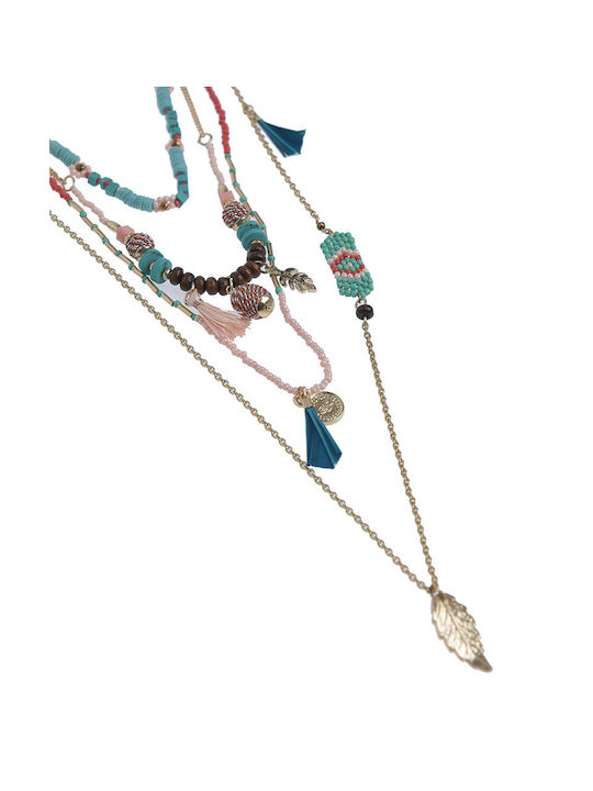 Turquoise Pink Gold Beaded Necklace