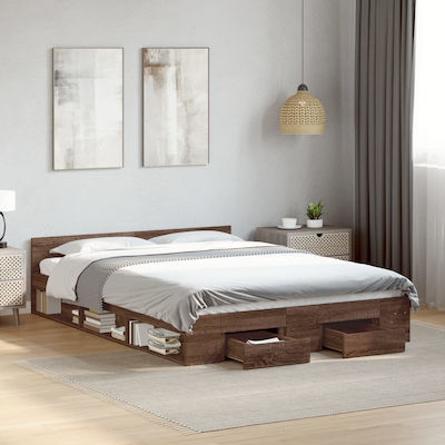 Bed Base Double made of Wood Brown 150x200cm. with Storage Space