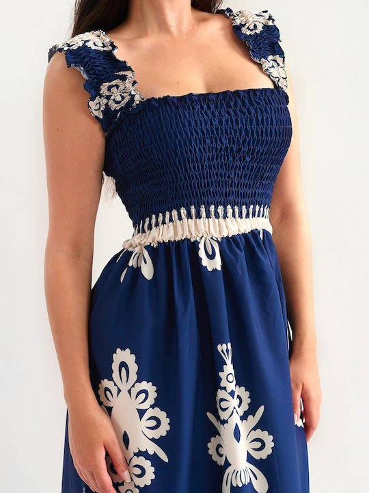 Loris Blue Maxi Embroidered Dress with Honeycomb Pattern