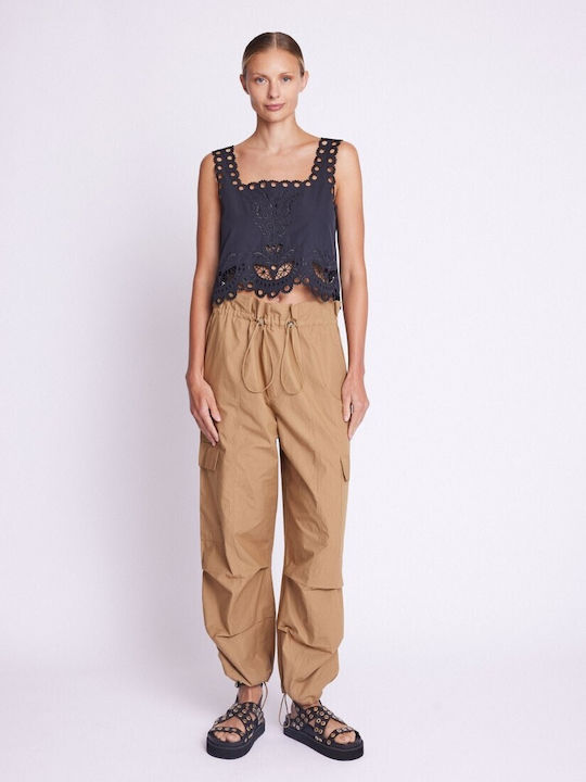 Berenice Women's Cotton Cargo Trousers with Elastic in Loose Fit Camel