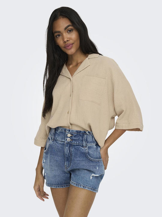 Only Kurzärmelig Damen Hemd Beige