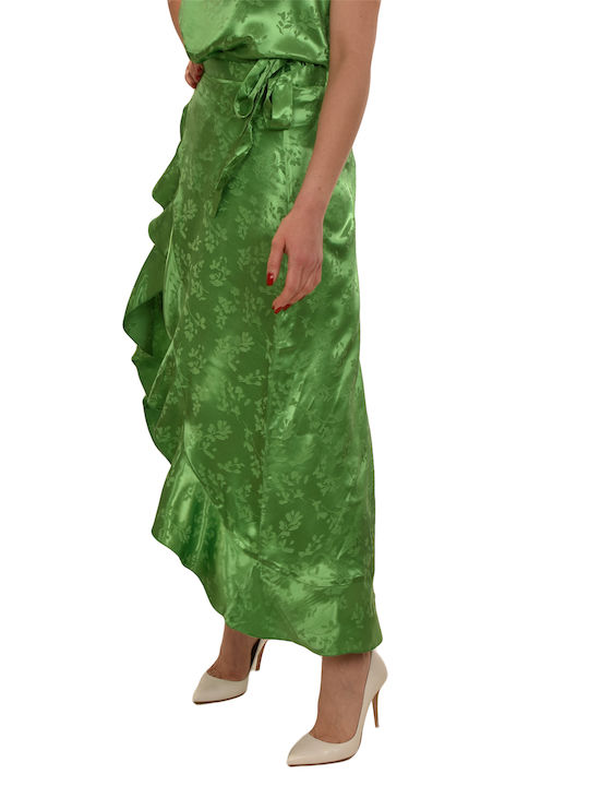 MY T Satin Envelope Skirt Floral Parrot Green
