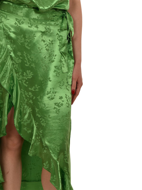Satin,σατεν Rock Umschlag Blumen Parrot Green