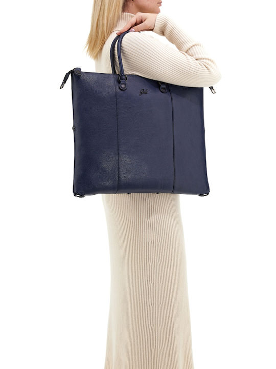 Δερμάτινη Γυναικεία Τσάντα Shopper Ώμου Navy Μπλε