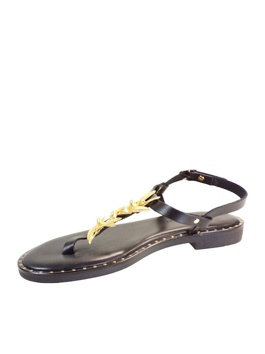 Leather Women's Flat Sandals in Black Color