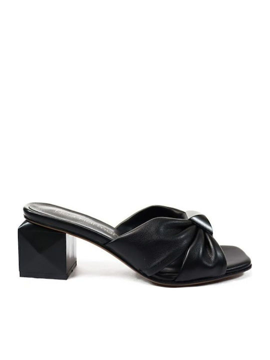 Leather Mules with Chunky Low Heel in Black Color