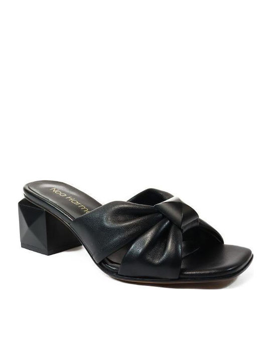 Leather Mules with Chunky Low Heel in Black Color