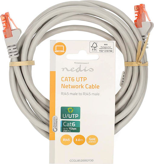 Nedis U/UTP Cat.6 (Gigabit) Καλώδιο Δικτύου Ethernet 3m Γκρι