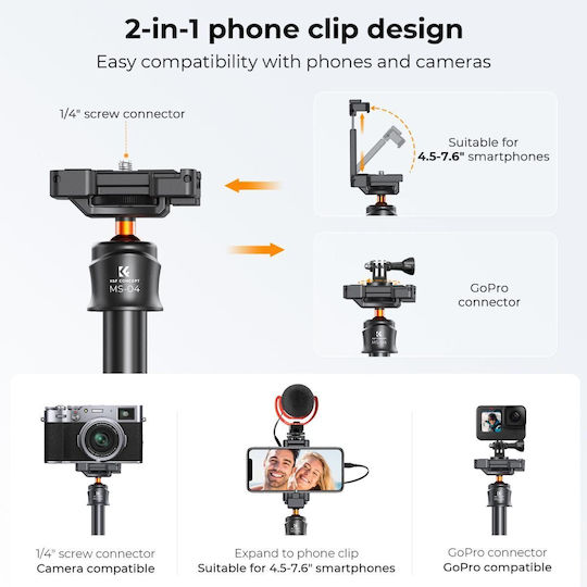 K&F Concept MS08 Selfie Stick Cell Phone Tripod Bluetooth Black