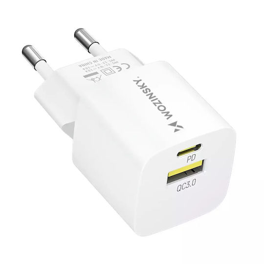 Wozinsky Charger Without Cable GaN with USB-A Port and USB-C Port 33W Power Delivery / Quick Charge 3.0 Whites (WWCEAC)